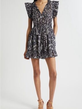Ulla Johnson Black Floral Ruffle Sleeve Mini Dress NWOT